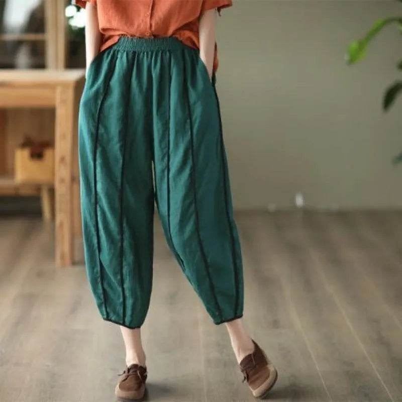 Summer Thin Striped Cotton And Linen Cropped trouser Pants For Women - Velora