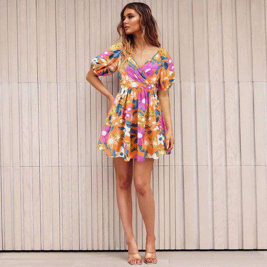 Flowers Print V-Neck Lantern-sleeve Dress Y2K Summer Vacation Beach Short Dresses Fashion Womens Clothing - Velora