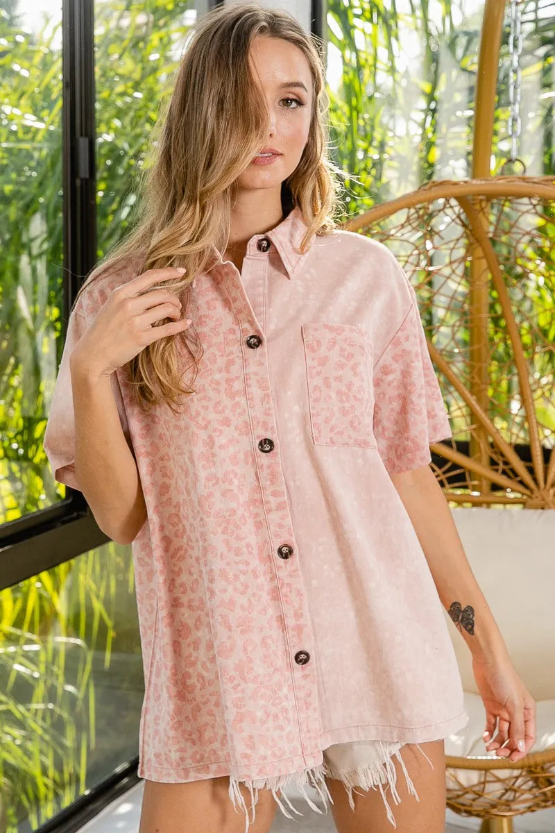 BiBi Mineral Washed Leopard Print Short Sleeve Shirt - Velora