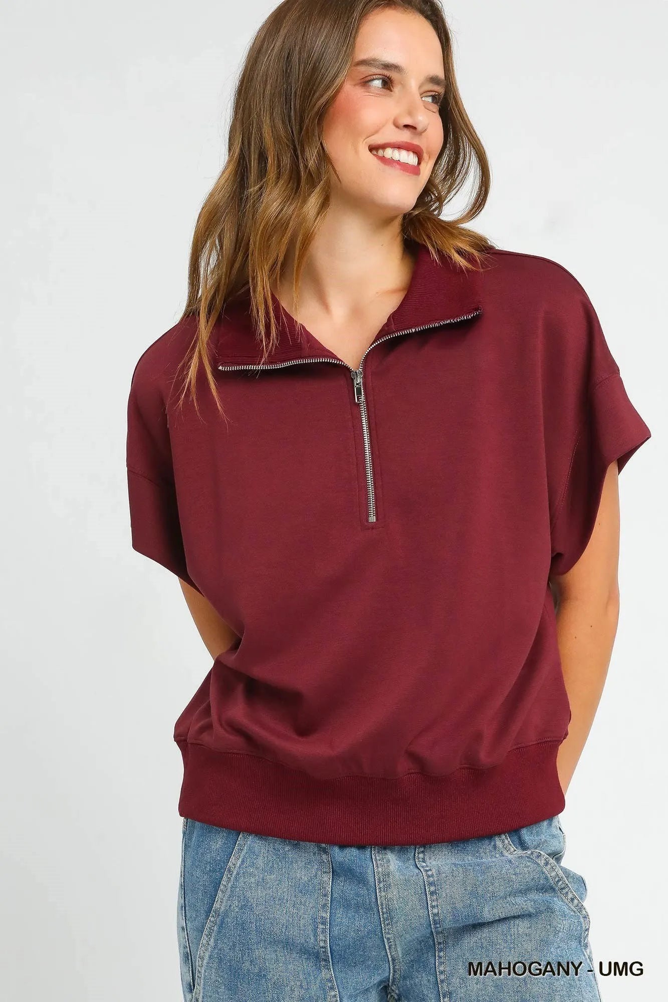 Umgee Full Size Half-Zip Short Sleeve Top Plus Size - Velora
