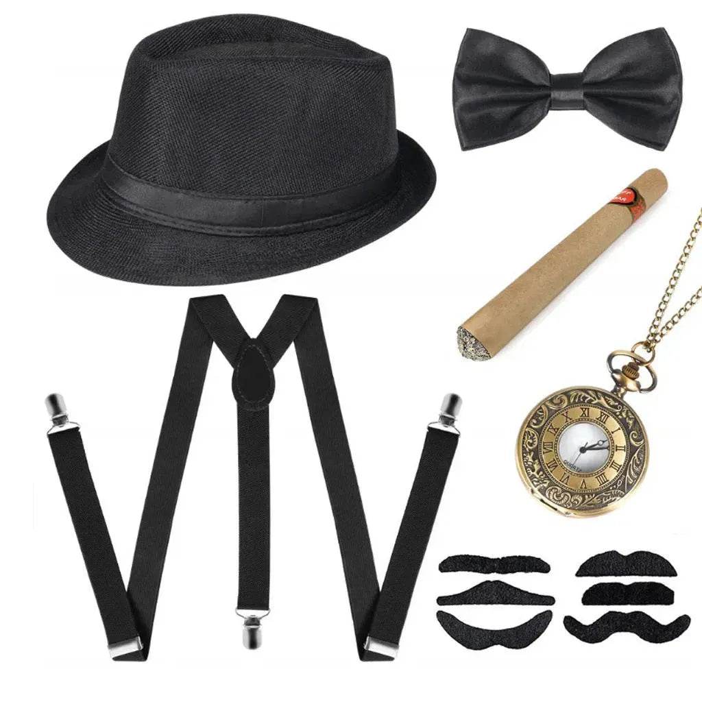 Party Men's Top Hat Pipe Pocket Watch Strap Tie Fake Cigar Set - Velora