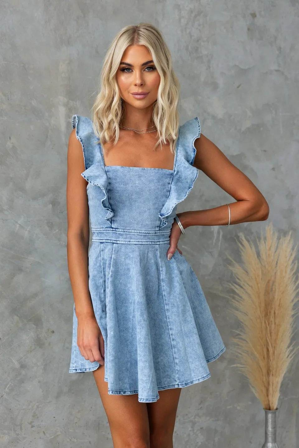 Women's Fashion Casual Denim Mini flared Dress - Velora