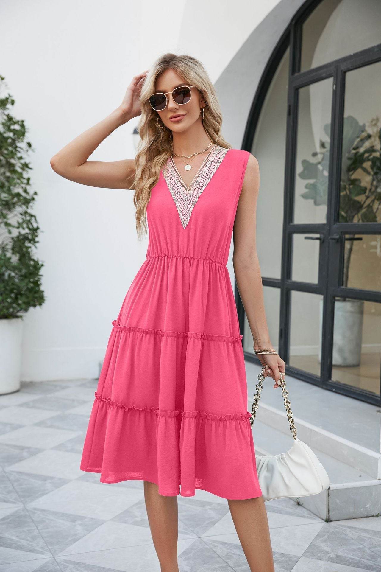 V-neck Dresses Women Sleeveless Pleated Ruffle Elegant Dress Beach Summer - Velora