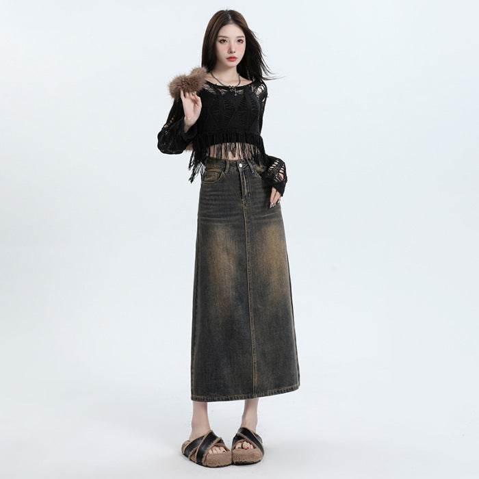High Waisted Denim Skirt Long Cotton Solid Style - Velora