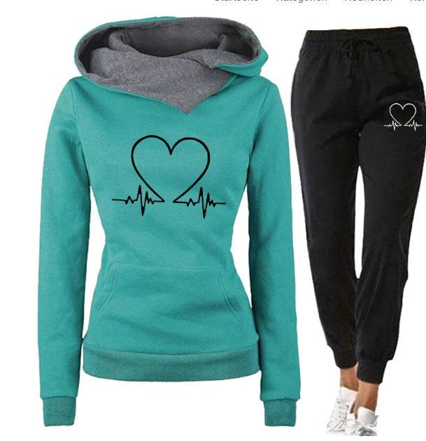 Love Heart Printed Sports Suit Hooded Sweatshirt Top And Drawstring Pants Fashion Casual Clothing For Women - Velora