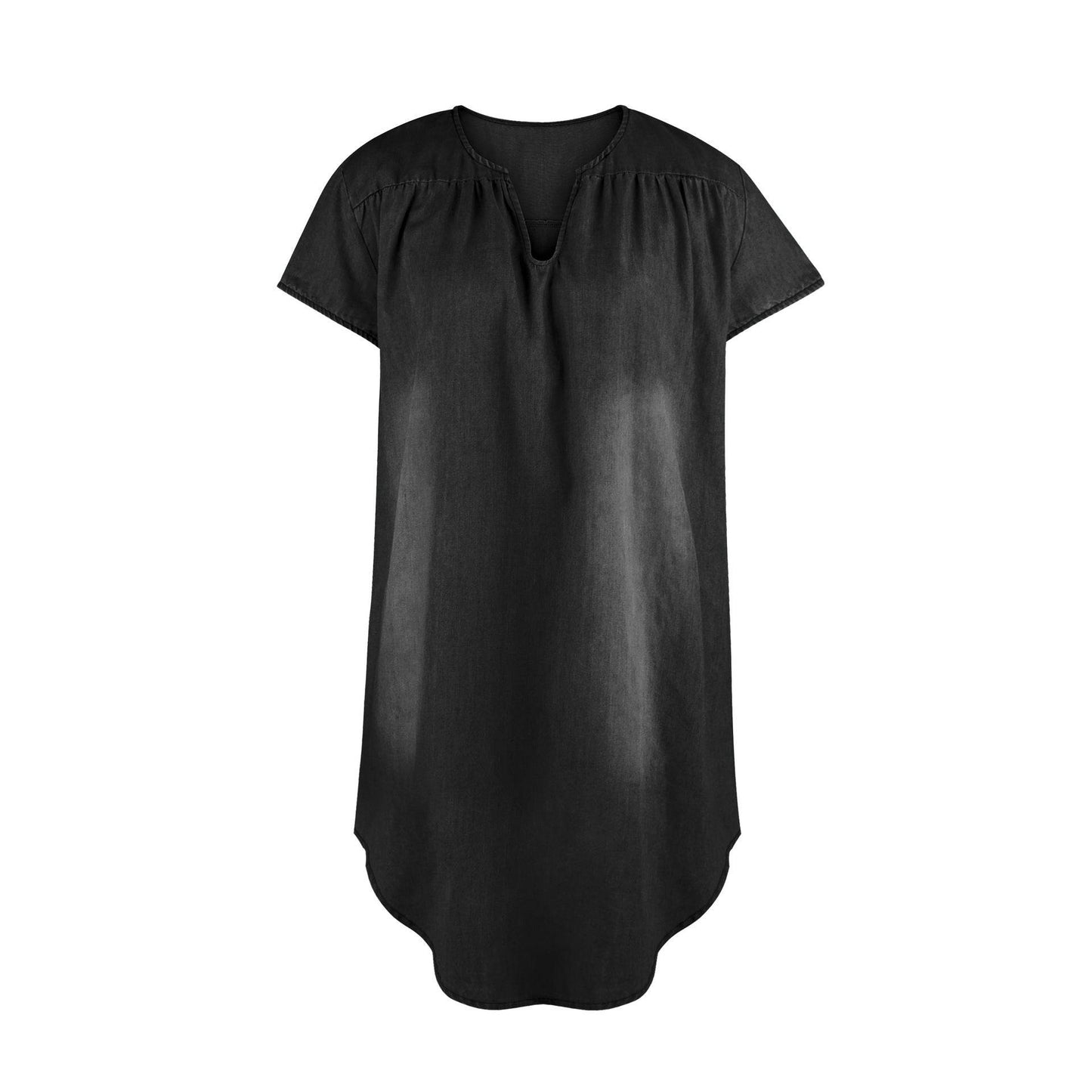 Round Neck Pleated Loose Solid Color Casual Plus Size Denim Dress - Velora