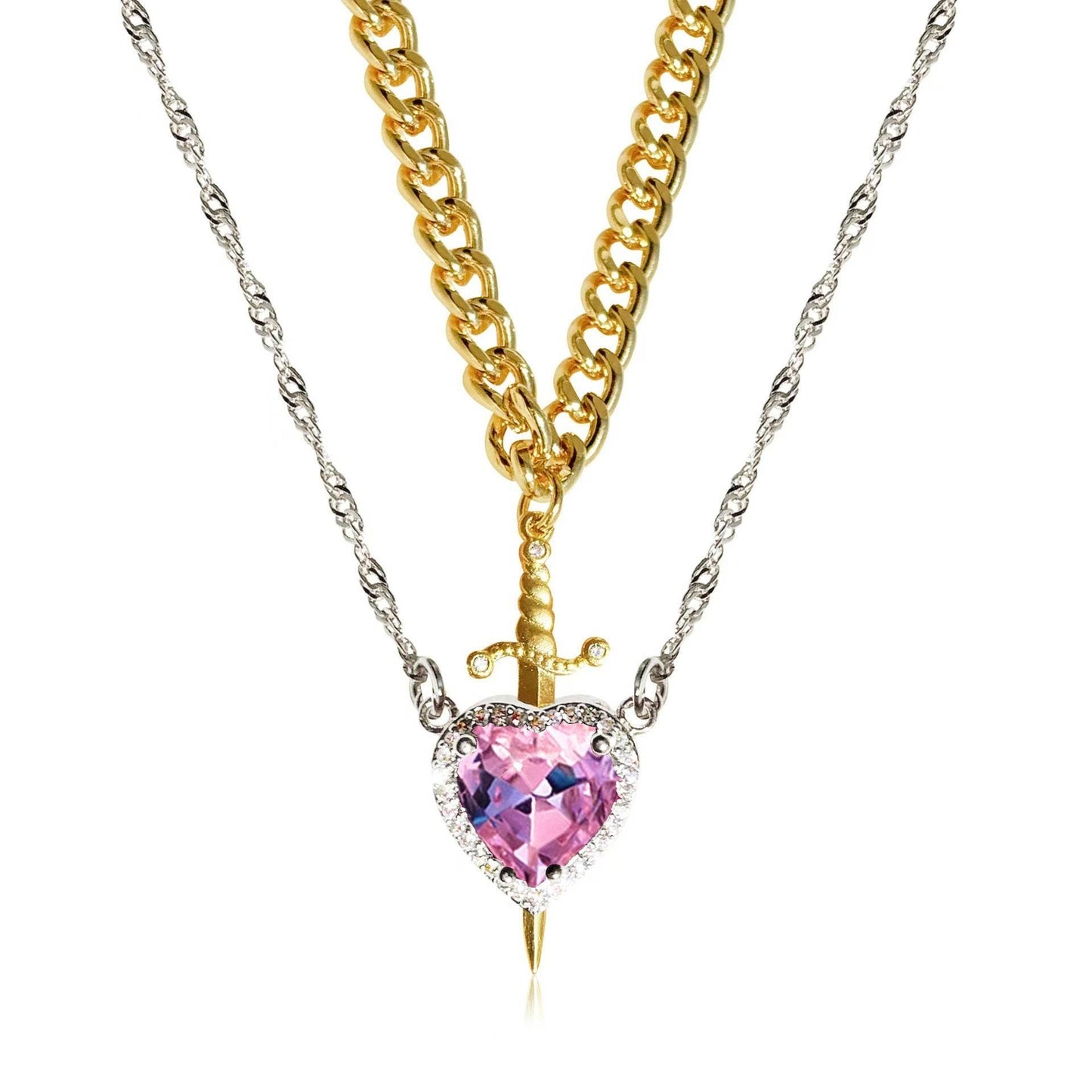 New Heart And Sword Necklace Set Gold Color Stainless Steel Crystal Couple Necklaces For Women Men Boyfriend Girlfriend Gifts - Velora