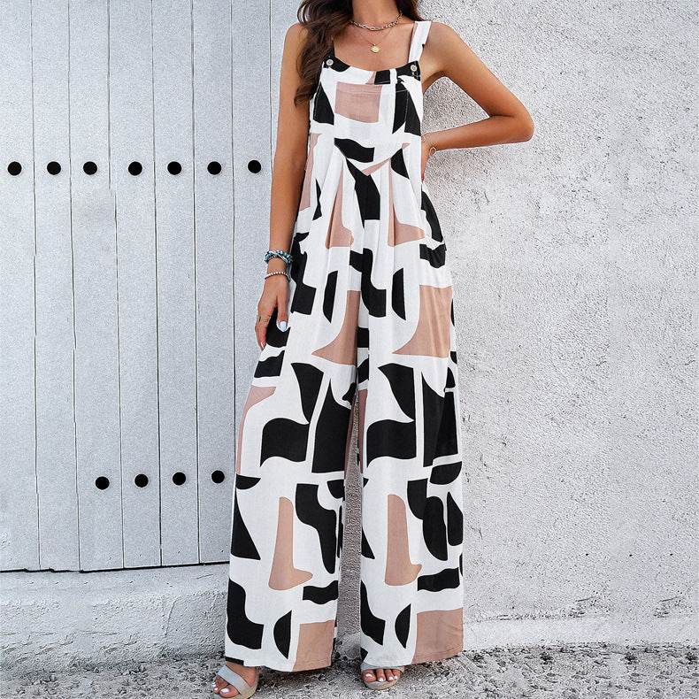 Fashion Print Square Neck Jumpsuit With Pockets Spring Summer Casual Loose Overalls Womens Clothing - Velora