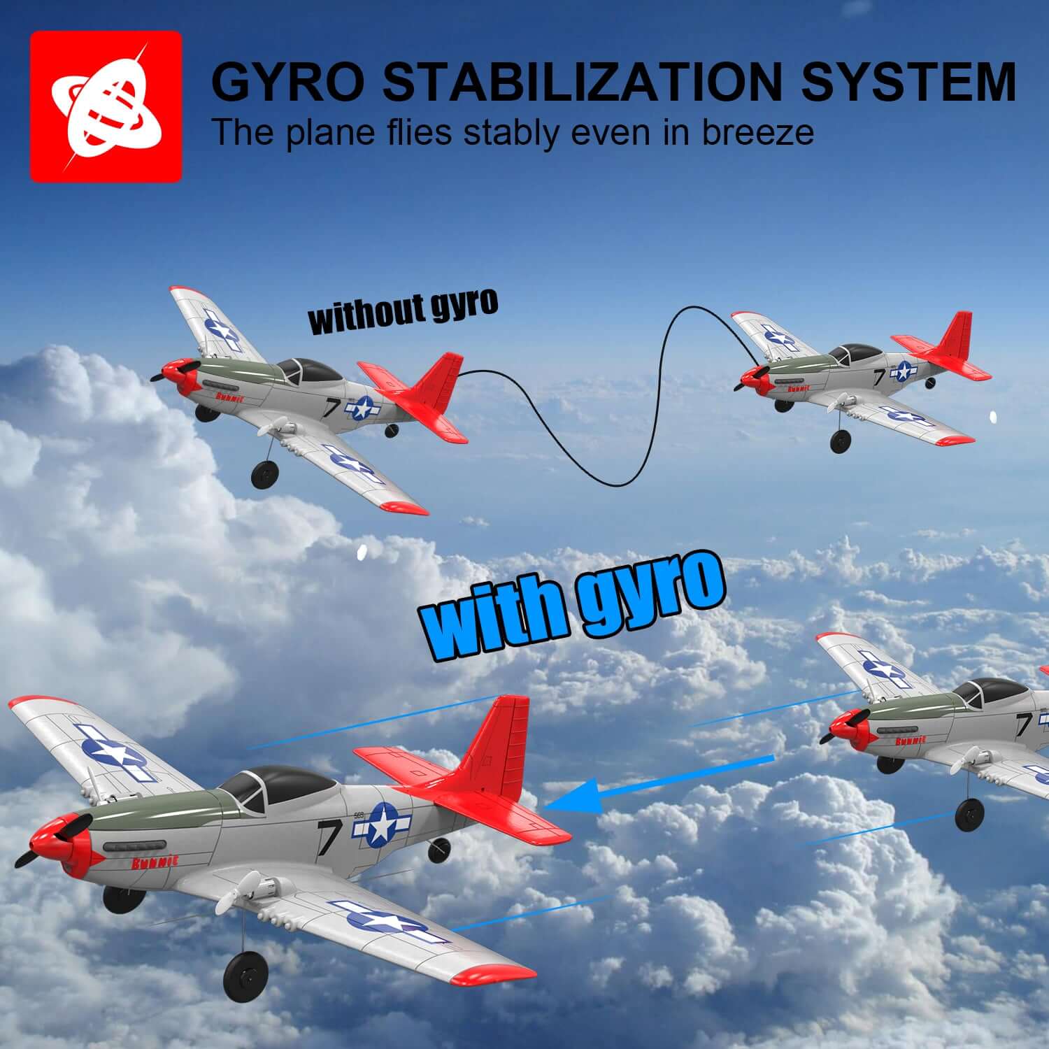 Mustang P51D 2CH Beginner RC Airplane with Gyro Stabilizer for Kids - Velora Luxury Fashion