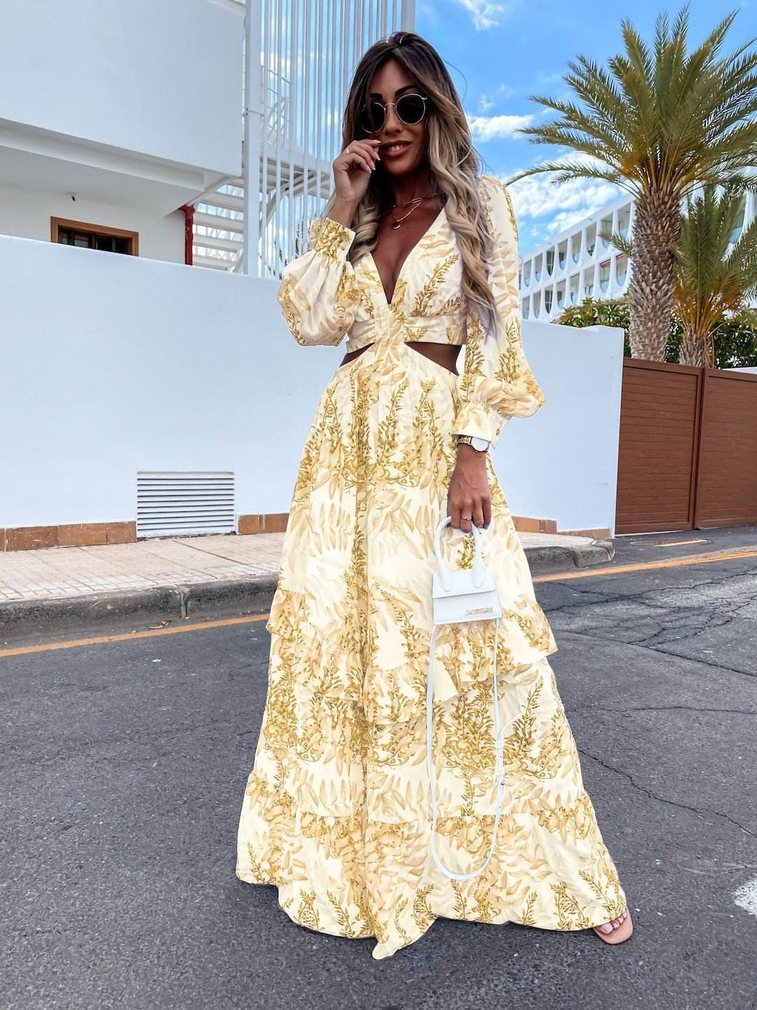 Elegant Women's Hollow Floor V-neck Long-sleeved Plant Dress Long Dresses Spring Summer Print V-neck Long Sleeve Dress - Velora