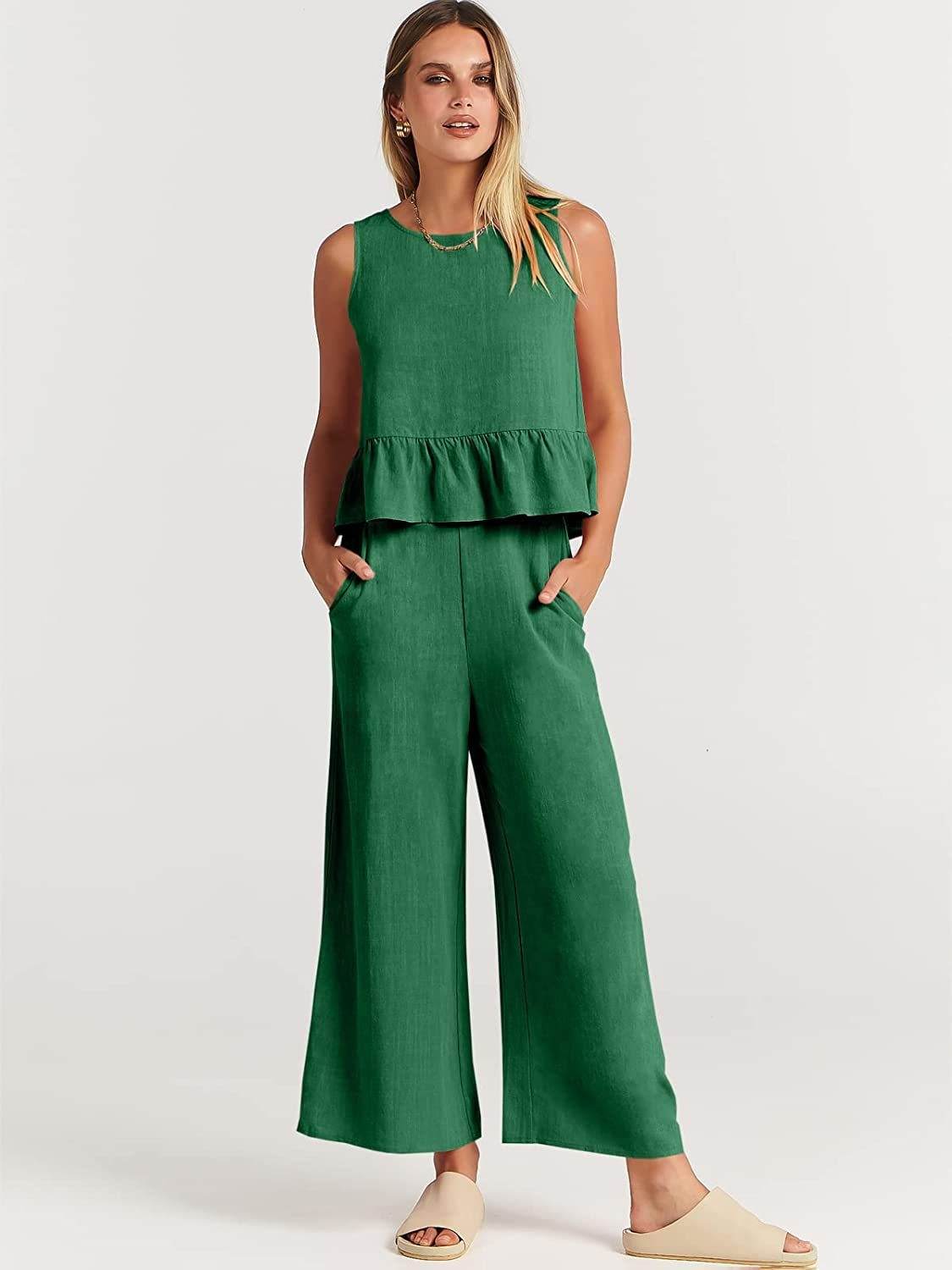 Casual Suit Summer Sleeveless Pleated Vest And Wide-leg Cropped Pants Fashion Two Piece Sets Women - Velora