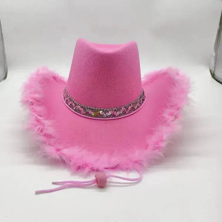 Trendy cowgirl hat Sequined Ribbon Upturned Eaves Raw Edge Denim Top Hat Pink Cowgirl Hat womens pink cowboy hat - Velora