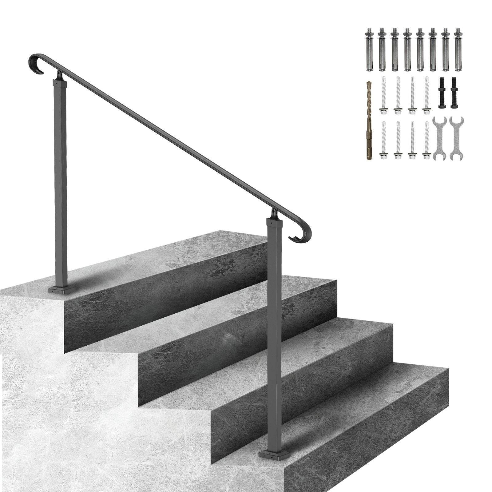 Handrails For Outdoor Steps, Fit 3-5 Steps Outdoor Stair Railing, Wrought Iron Handrail, Flexible Front Porch Hand Rail, Black Transitional Hand Railings For Concrete Steps Or Wooden Stairs - Velora