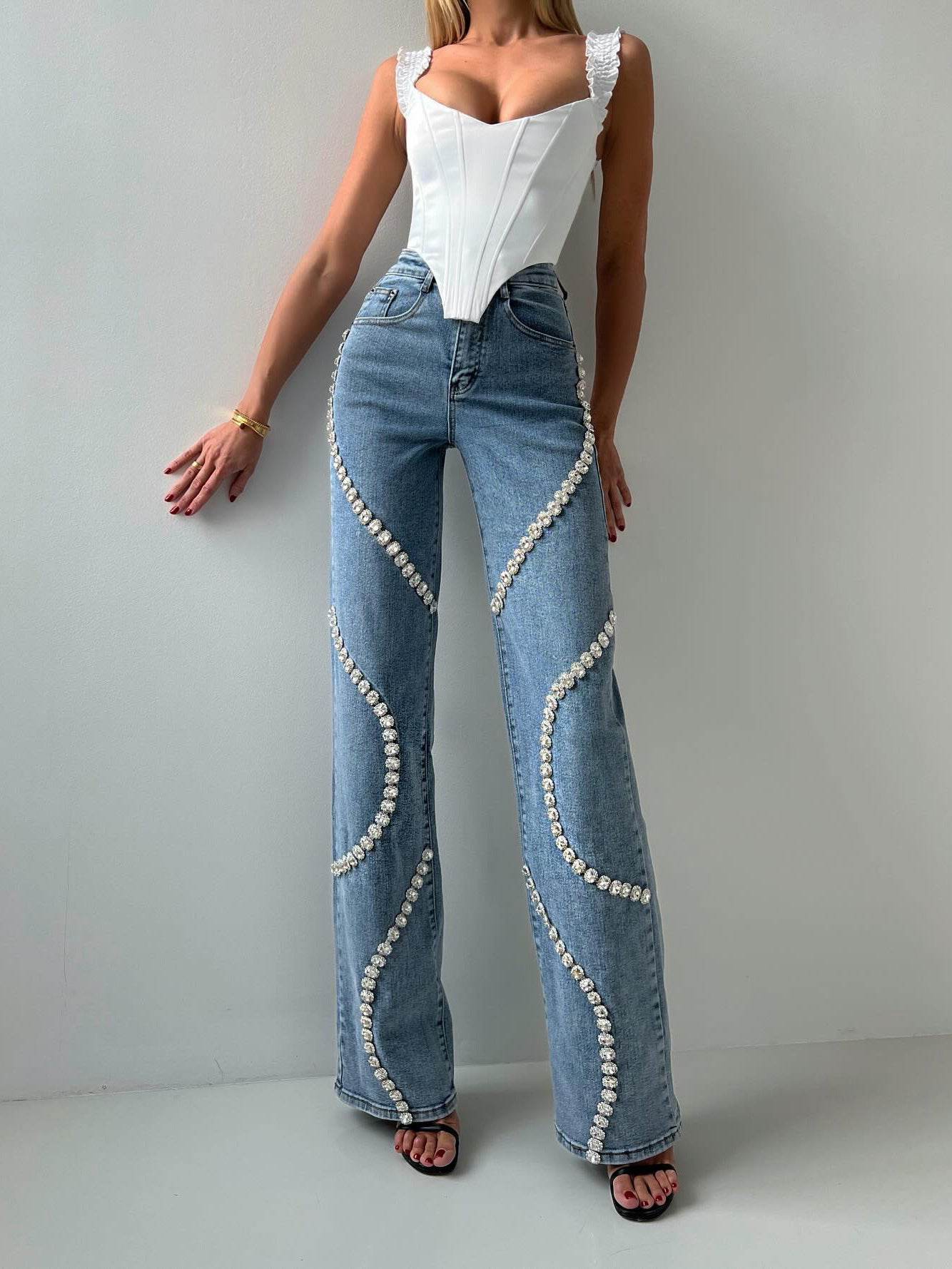 Loose Straight Leg Jeans And Fashionable Casual Pants With A Rhine Stone Denim Design Around Them Suitable For Women - Velora