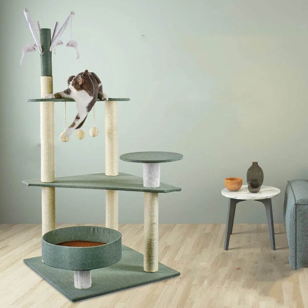 Cat Scratching Post with Platform & Hanging Toy – Multi Level Cat Tree Scratcher with Plush Bed