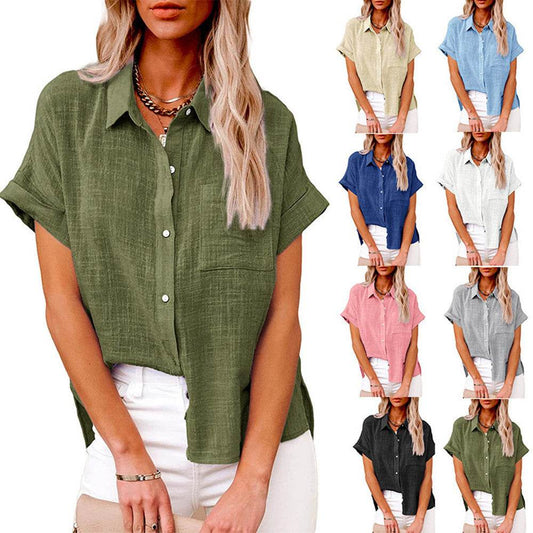 Summer Lapel Short Sleeve Shirt With Pockets Fashion Casual Solid Color Button Tops Women's Clothing - Velora
