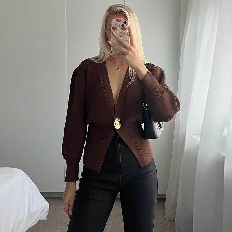 New V-neck Button Cardigan Fashion Knitted Sweater Top For Women Clothing - Velora