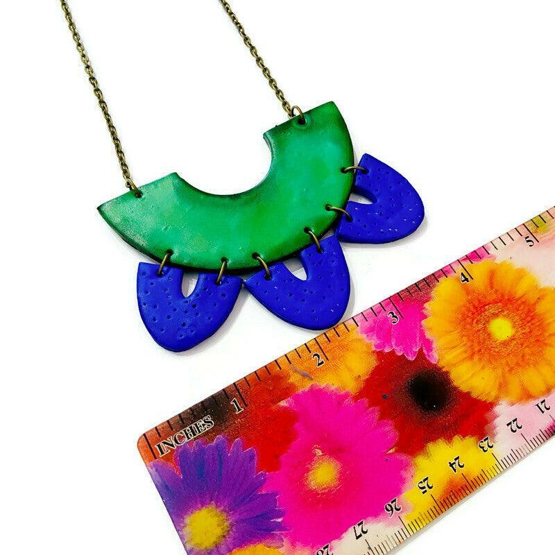 Artsy Statement Bib Necklace & Earring Set Handmade from Clay Painted Blue Green