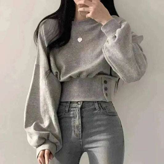Autumn Crew Neck Button Long Sleeve Short Pullover Sweatshirt Top For Women