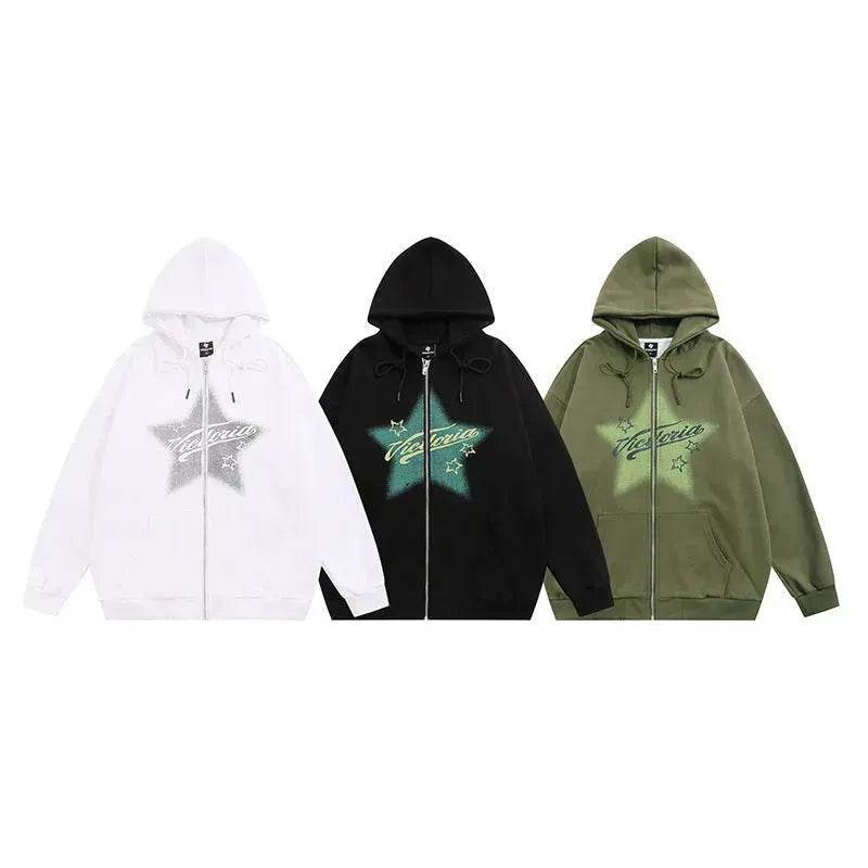 American street Star Printed Hoodie Cardigan unisex for fall winter - Velora
