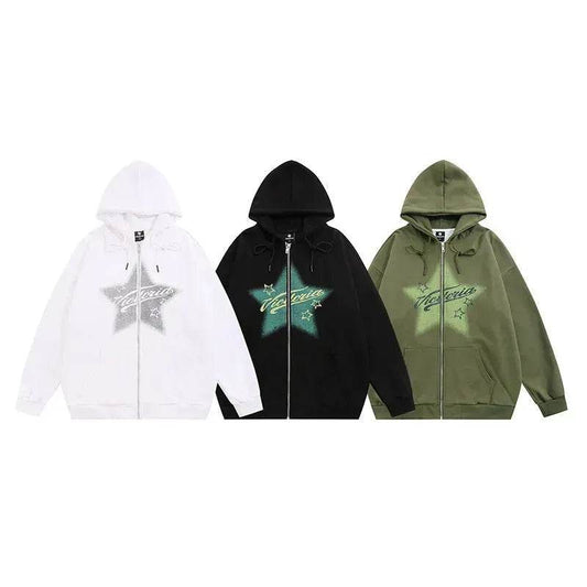 American street Star Printed Hoodie Cardigan unisex for fall winter - Velora