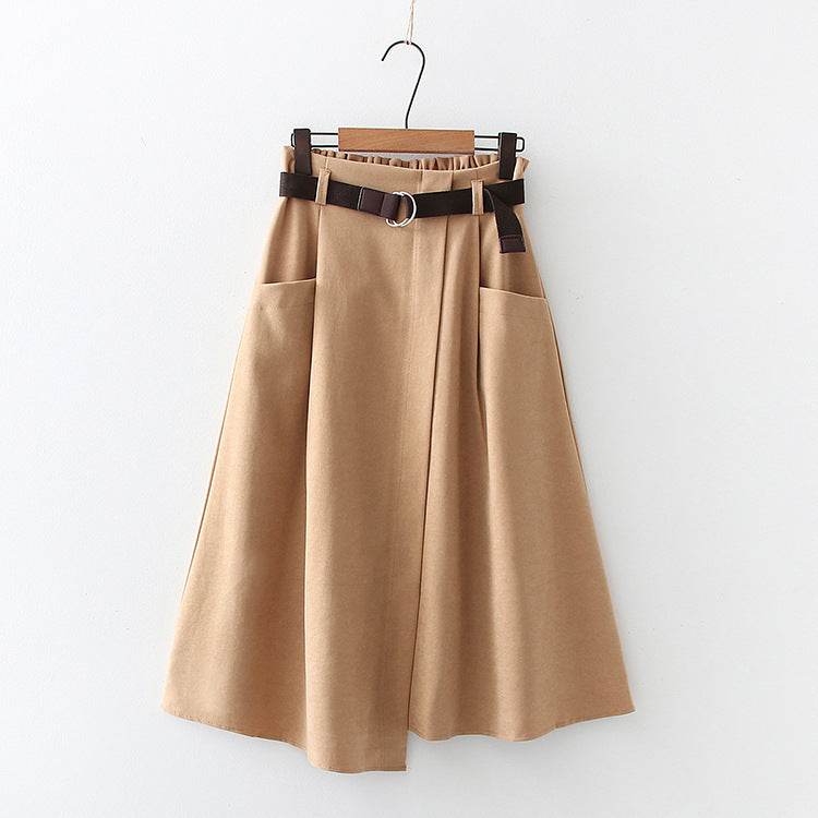 Solid Color Leisure Artistic Pocket High Waist Irregular flared Midi Skirt for work women - Velora