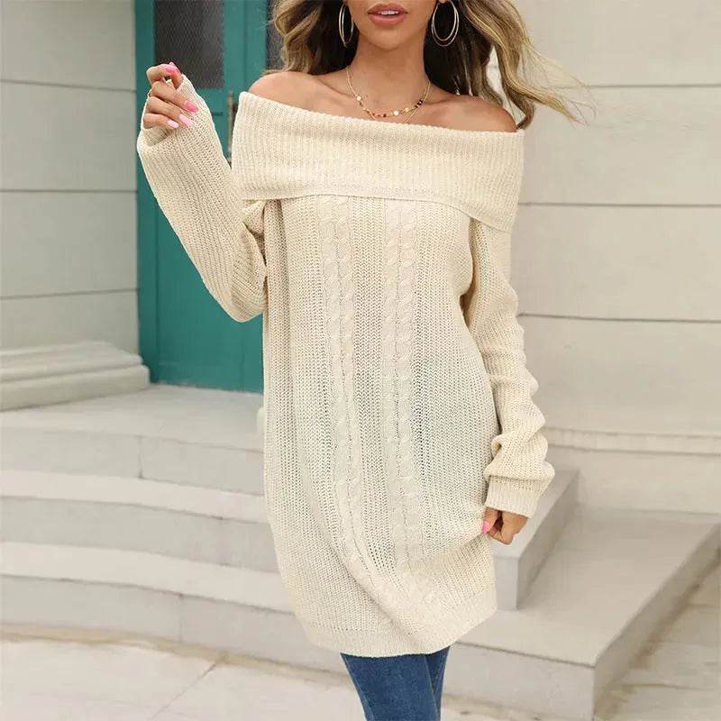 Lapel Loose Off shoulder Winter Knitted Tunic top - Velora