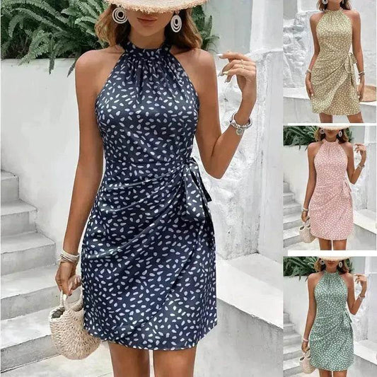 Casual Summer Halter neck Printed Dress With Tied Elegant Ladies High Neck Mini Dress. - Velora