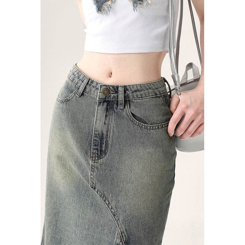 Irregular Half-length Split Denim long Skirt - Velora
