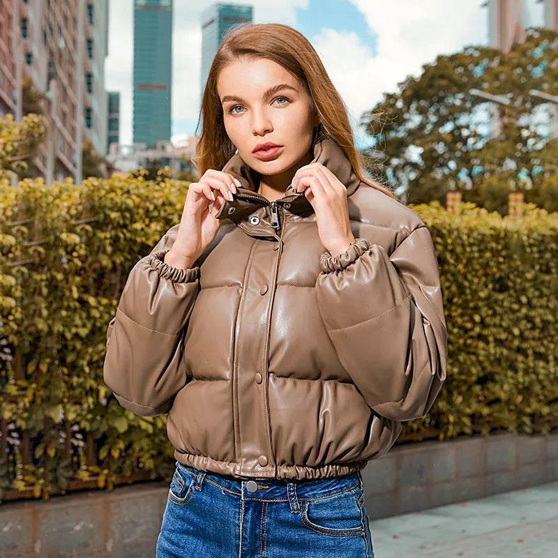New Leather Puffer Cropped Jacket Warm Stand Collar Short Coat Y2K Cotton padded Jacket Women - Velora