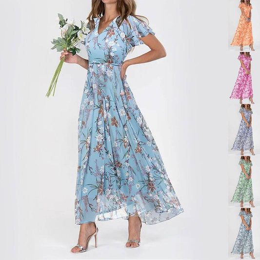 Flowers Print Short Sleeve Dress Summer Fashion Ruffle Beach Dresses Women's Clothing - Velora