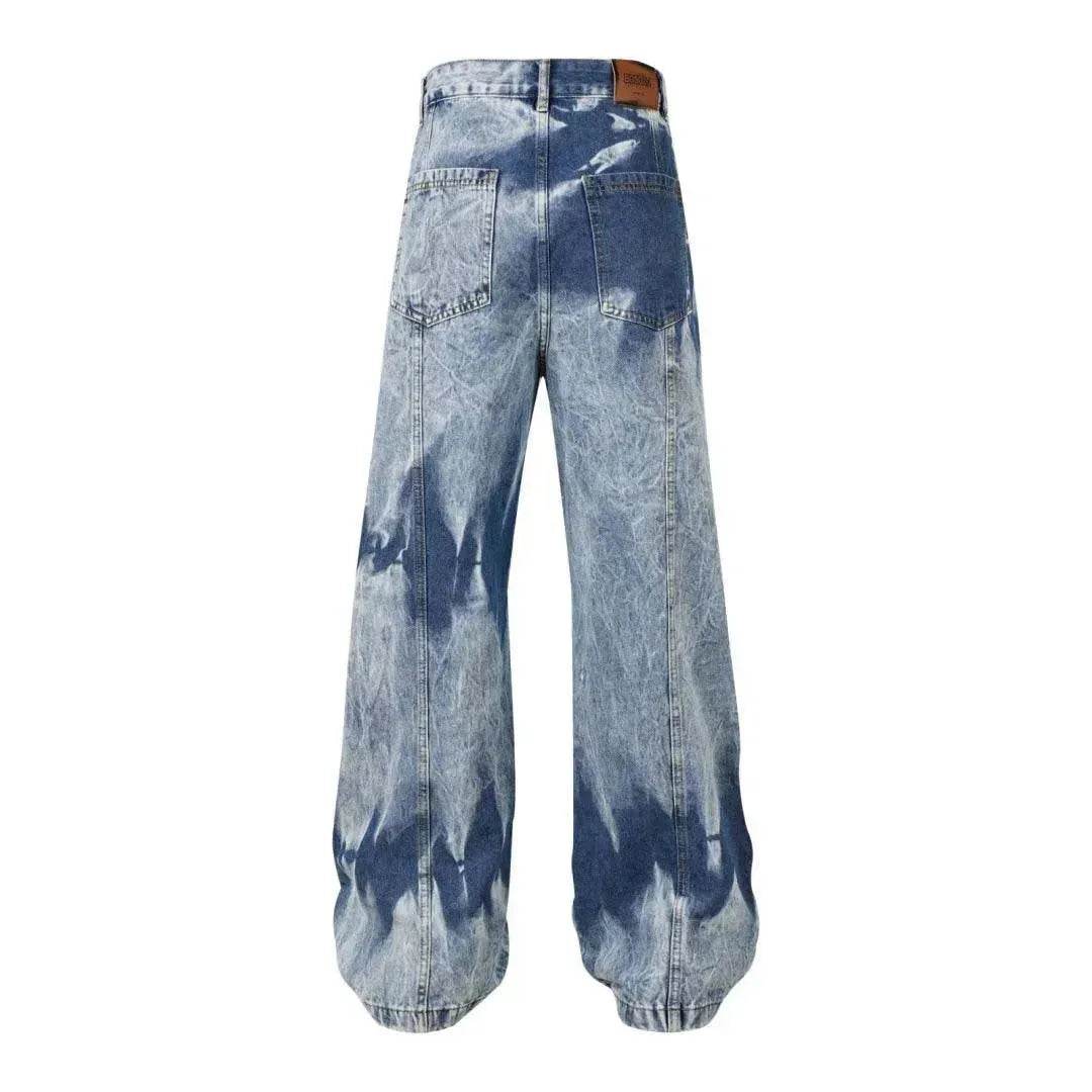 Street Retro Washed Distressed Tie-dye Multi-pocket Denim Trouser Unisex Baggy Cargo Denim Jeans Pants - Velora