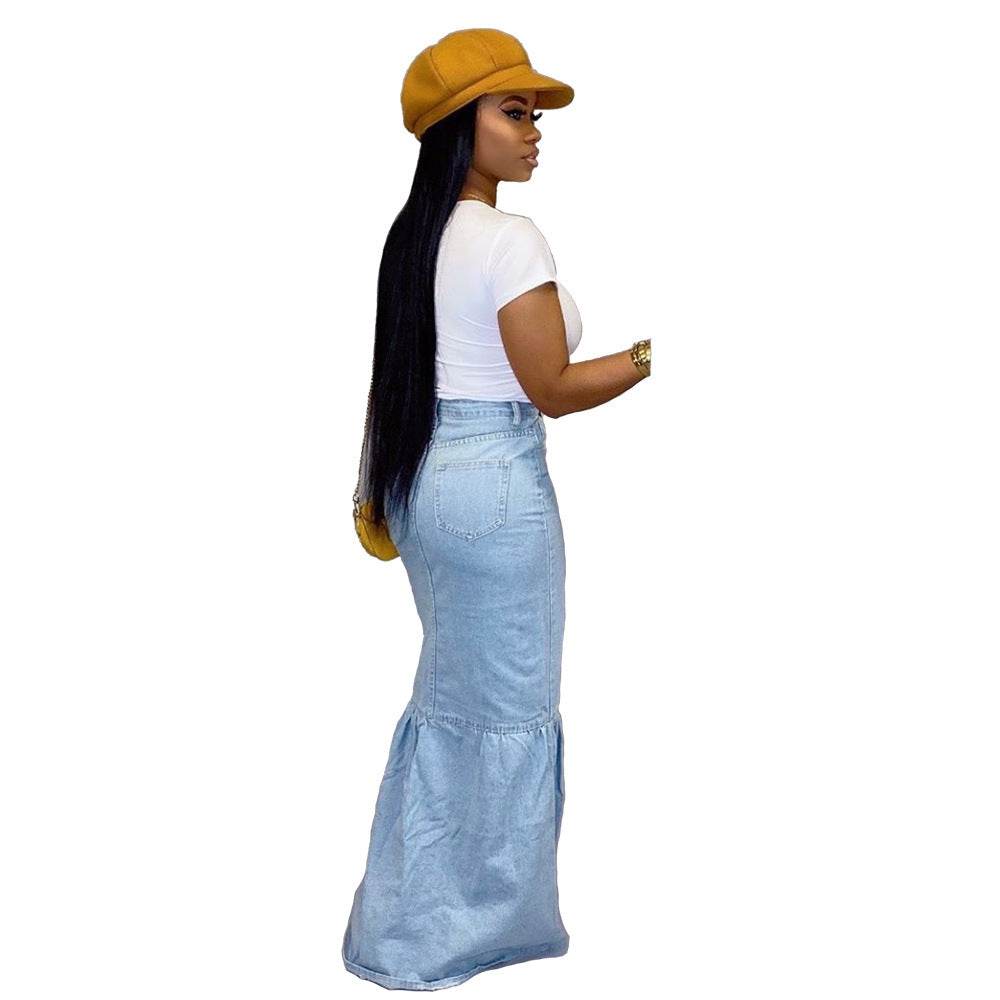 Women's Slim-fit Peplum Patchwork Long Denim Skirt fish tail style Jeans Skirt - Velora