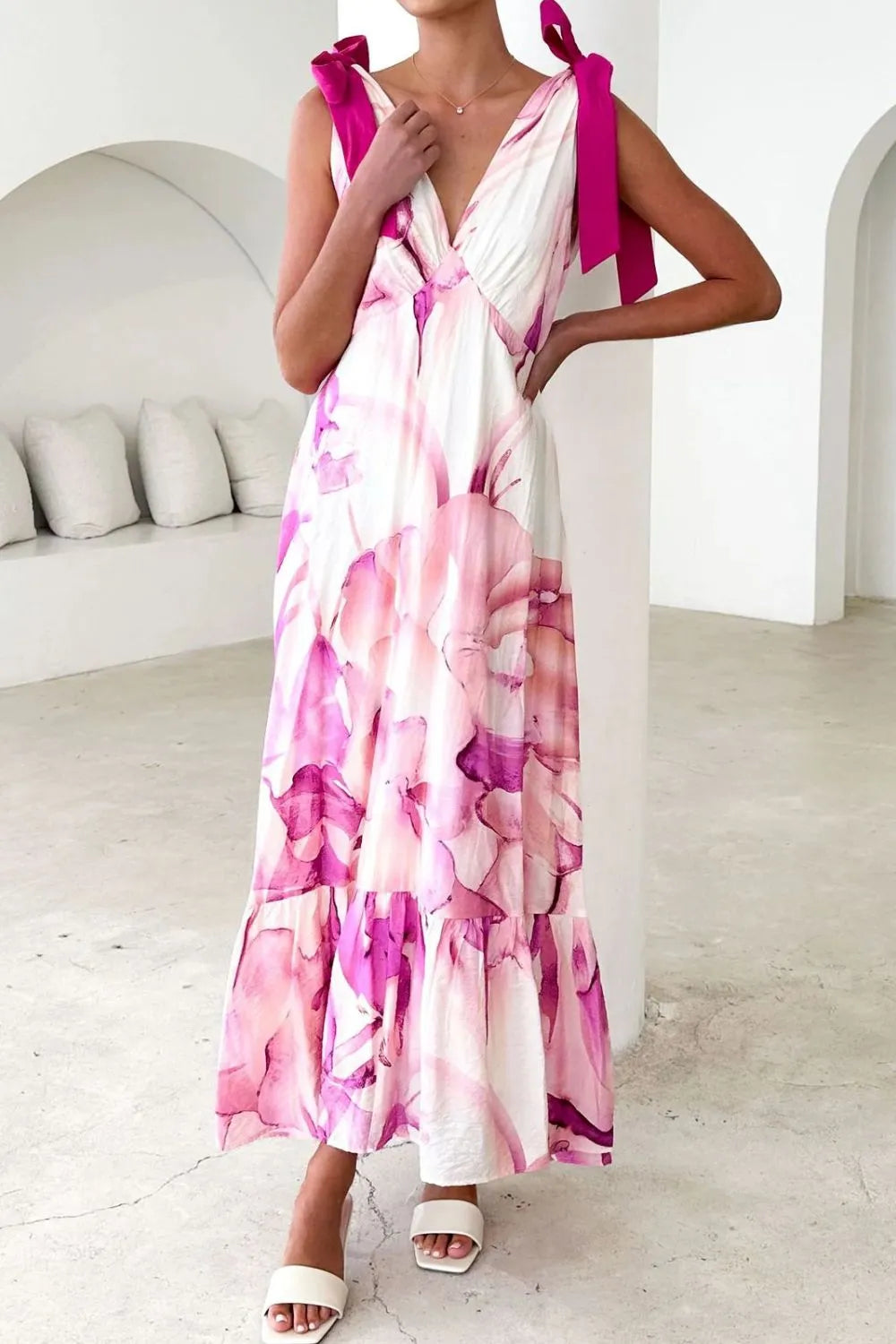 Printed V-Neck Tie Shoulder Midi Cami Dress - Velora