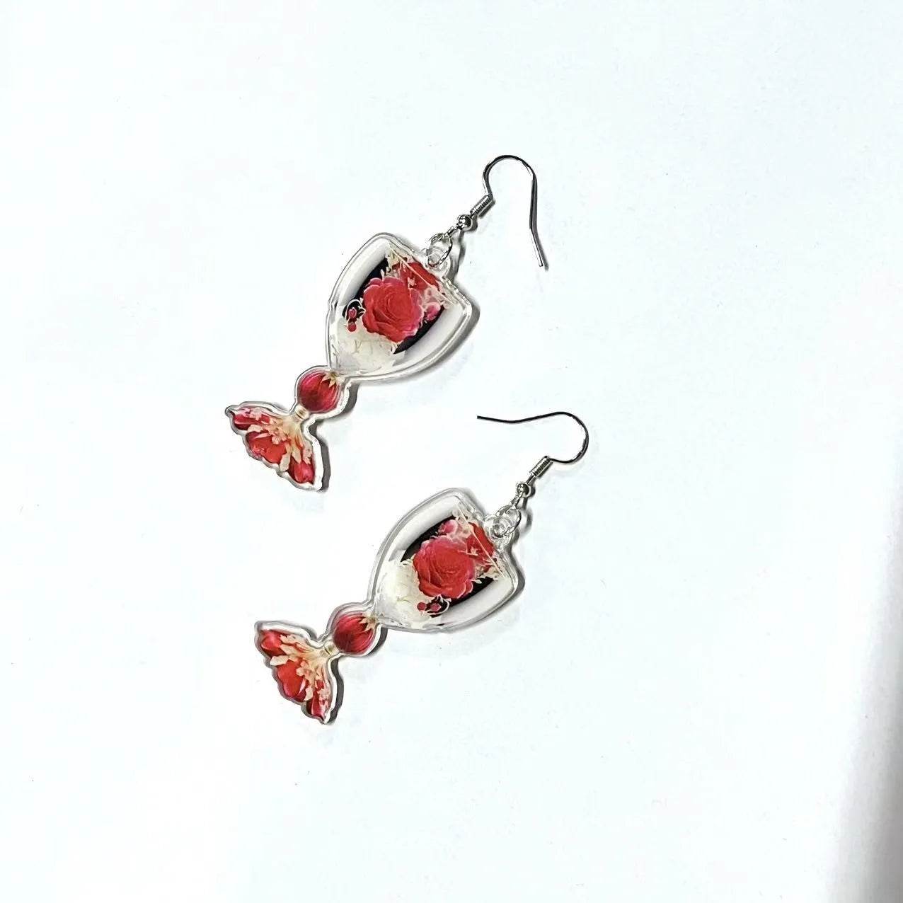 Valentine's Day Rose Wine Glass Acrylic Earrings - Velora