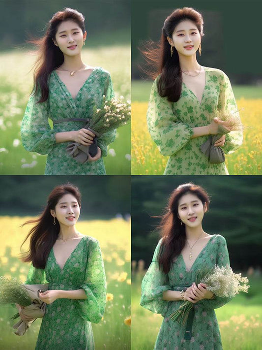 Holiday Green Floral Ladies Dress Sophisticated - Velora