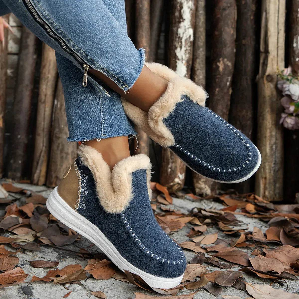 Plus Size Fleece-lined Thicker Raw Edge Warm Flat Bottom Plush Winter boot Shoes for women - Velora