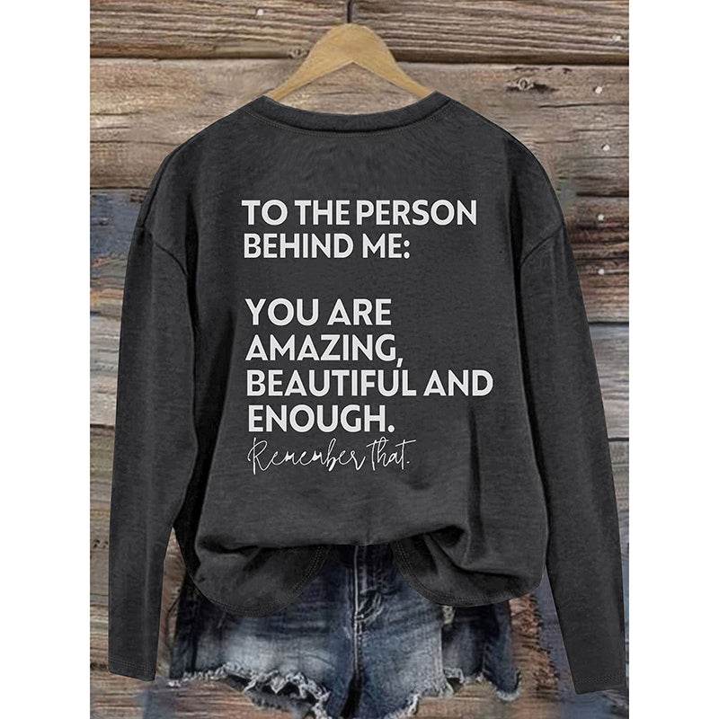 Women You Matter To The Person Behind Me Letter Print T-Shirt Casual Long Sleeve Round Neck Shirts Tops Inspirational Graphic Tee - Velora