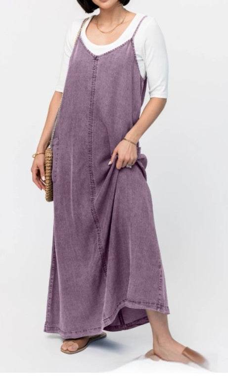 New Suspender Leisure Denim mum loose long Dress - Velora
