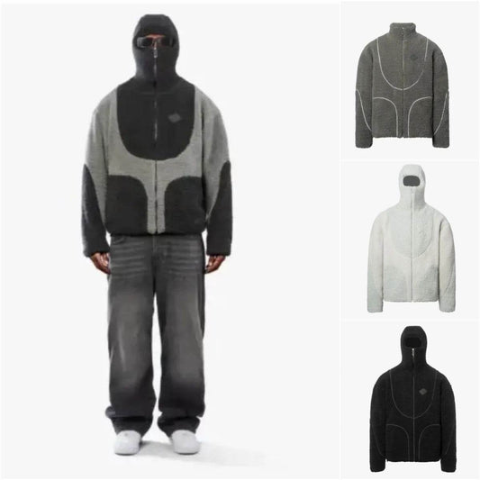 Men's Fashion Lamb Wool Hooded Zipper Coat Sweatshirt Patchwork Line Design Male Tops Casual - Velora