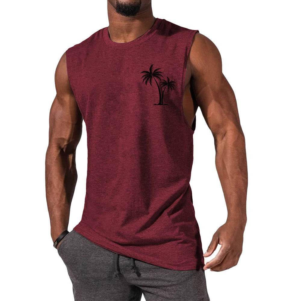 Coconut Tree Embroidery Vest Summer Beach Tank Tops Workout Muscle Men Sports Fitness T-shirt - Velora