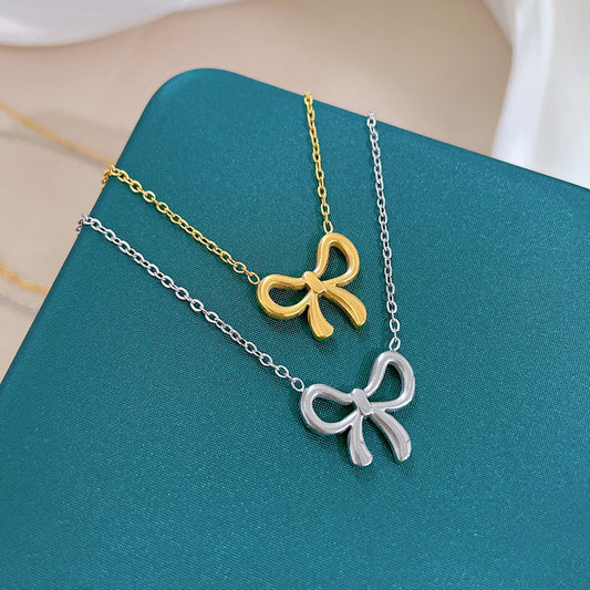 Whole Titanium Steel Mori Style Bowknot Minimalist Style Real Gold Clavicle Necklace For Women