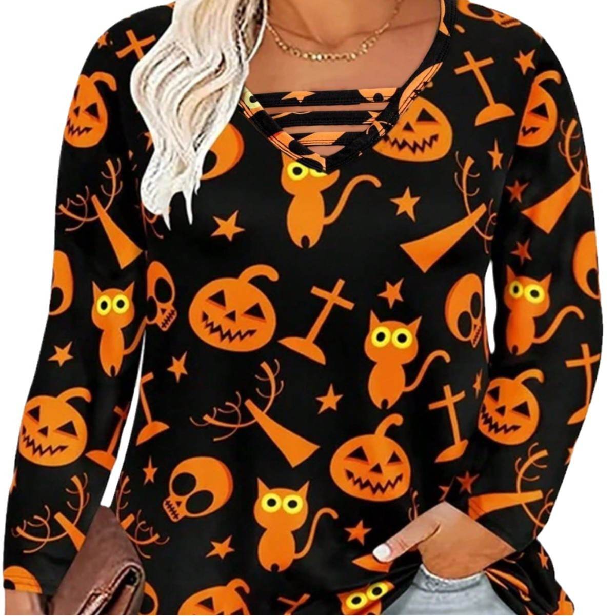 Digital Printing Halloween Round Neck Long Sleeve Plus Size T-shirt - Velora