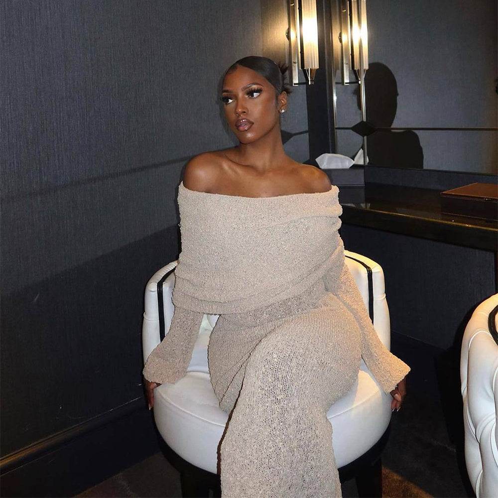 New One-shoulder Knitted Long-sleeved Dress Sexy Beach Holiday Long Dresses Womens Clothing - Velora
