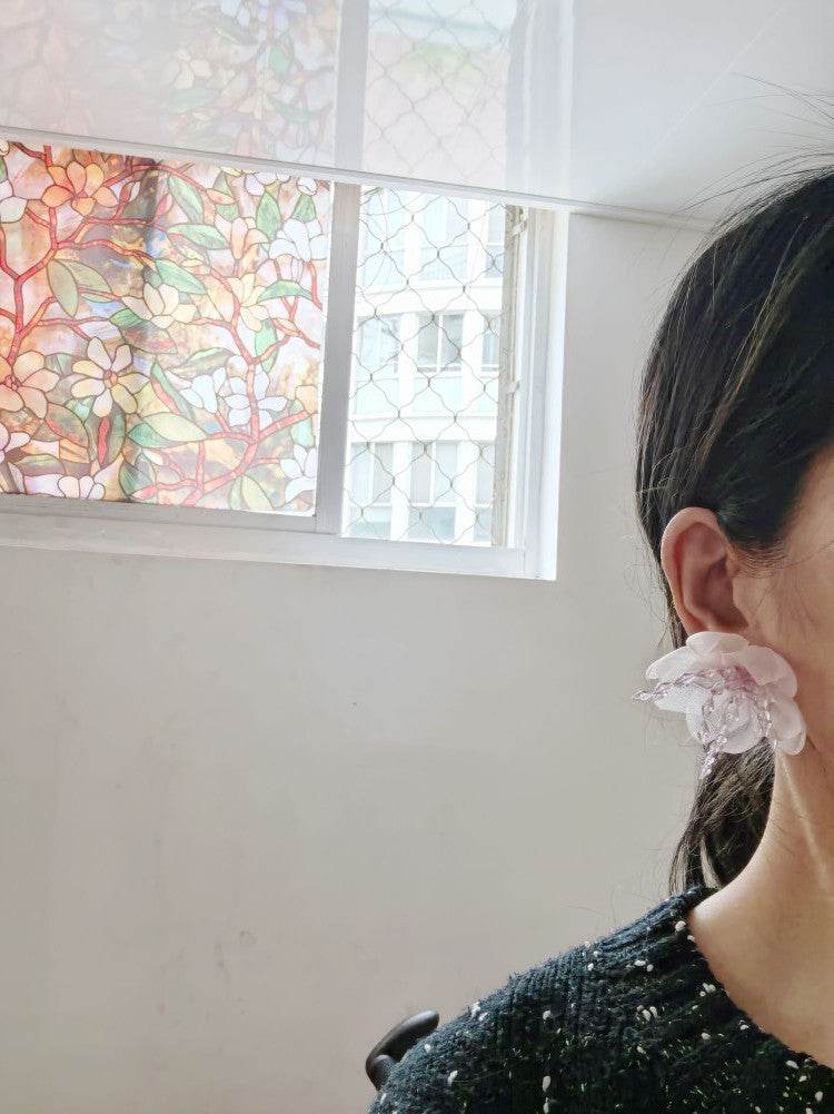 Temperament Flower Sweet Tulle Beaded Exaggerated Earrings - Velora
