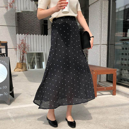 Polka dot High waist Chiffon Flowy Midi skirt women - Velora