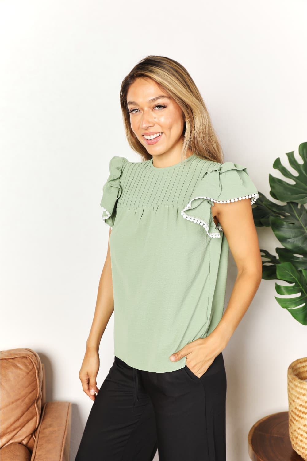 Perfee Pleated Detail Flutter Sleeve Blouse - Velora