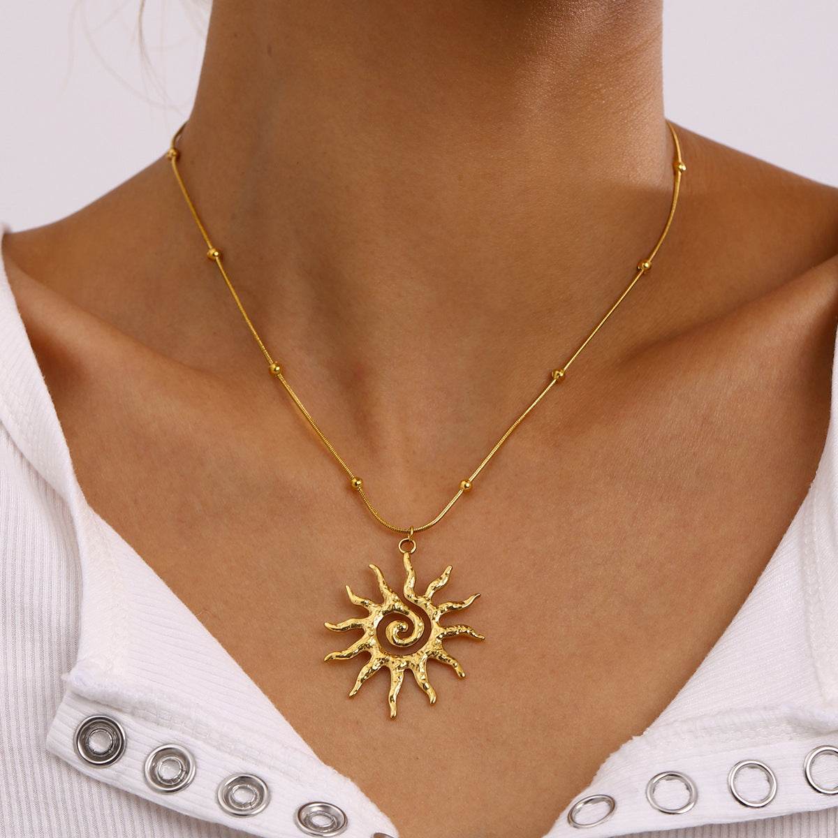 Stainless Steel Necklace - Hammered Spiral Sun Pendant Necklace - Velora
