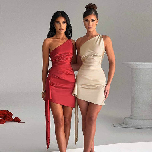 One-shoulder Sleeveless Mini Dress Sexy Slim Backless Skirt Party Wedding Dresses Womens Clothing - Velora