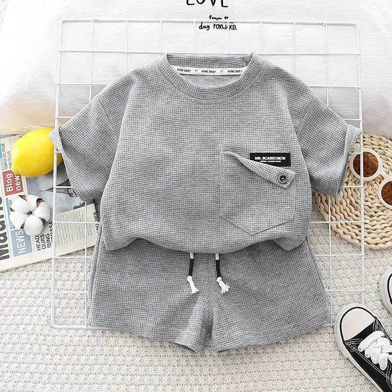 Children's Summer Clothing Casual Plain color Cotton Short Sleeve shirt and Short pant Two-piece Set - Velora